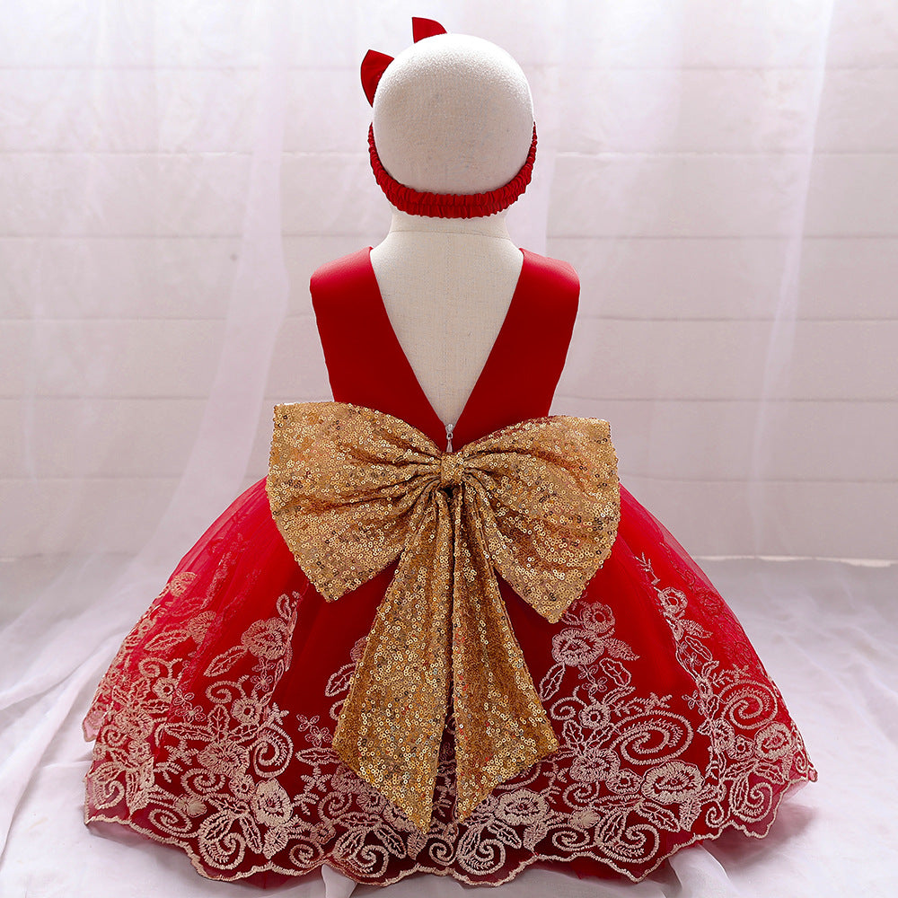 Cute Sleeveless Prince Dress with Bow Embroidery Girls' Birthday Party Gown