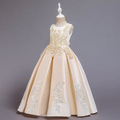 Flower Girl Dresses with Bow Kid's Sleeves Floor Length Gown Classic Round Neck Embroidery Dress