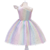 One Shoulder Rainbow Princess Gown with Bow Cute Holiday Dress for Girls