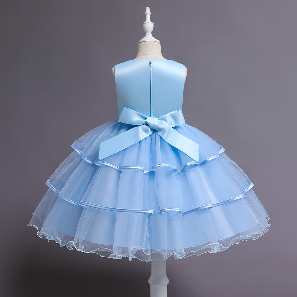 New Tulle Flower Girl Dresses with Bowm Sleeveless  Birthday Party Clothing Embroidery Gown