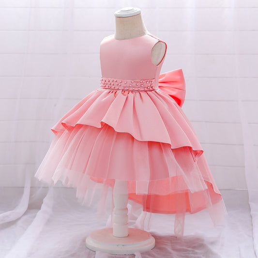 Cute High Low Floor Girl Dress with Bow Multi Colors Kid's Layered Gown