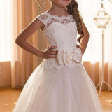 Communion Dress Flower Girl Dress for Wedding with bow Sleeveless Long lace Puffy Dress for Prom