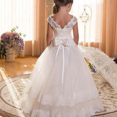 Communion Dress Flower Girl Dress for Wedding with bow Sleeveless Long lace Puffy Dress for Prom