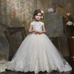 Luxury Flower Girl Dress with Embroidery Sheer Children's Pageant Tulle Gown Cutout Back