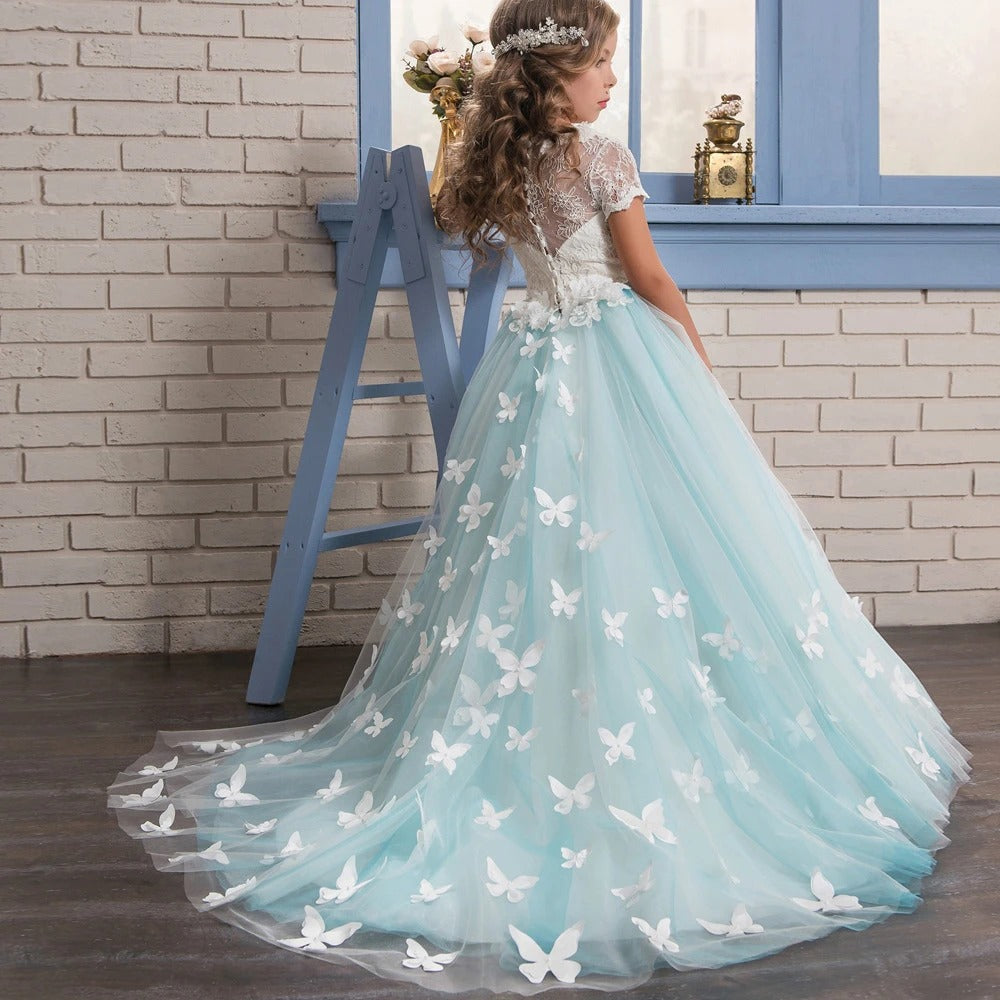Communion Dress Butterfly Flower Girl Dress Fancy Tulle Lace Short Sleeved Pageant Dress Ball Gown Princess (4 colors)