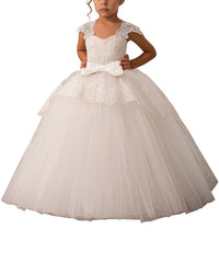 Communion Lace Appliques Cap Sleeves Tulle Flower Girl Dress Kids Cute Backless Dress Toddler Party Tulle Tutu Dresses