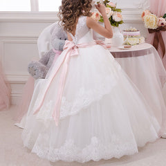 Communion Long Tulle Puffy Dress Flower Girl Floor Length White Lace Princess with Bow Sleeveless (pink sash detachable)