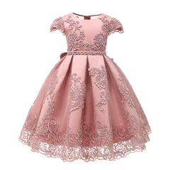 New Flower Girl Dress Pink Handmake Lace Beaded Gown for Kids Birthday Dresses with Bow Embroidery Sheer