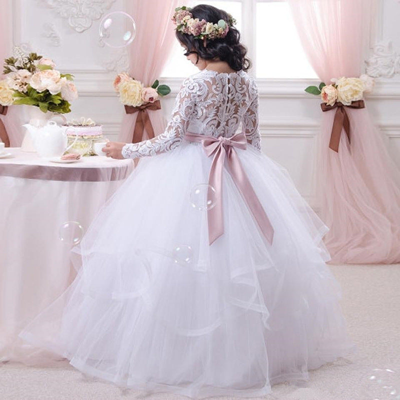 Communion Dress for Girsl Pageant Dresses Full Fancy Kids Dresses Long Sleeves Princess Floor Length (pink sash detachable)