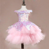 Off Shoulder Pink Pageant Gown Small Sequins Trailing Dress Girls' Birthday Party Dresses