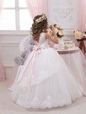 Communion Long Tulle Puffy Dress Flower Girl Floor Length White Lace Princess with Bow Sleeveless (pink sash detachable)