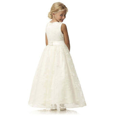 Communion Dress O-Neck Sleeveless A line Wedding Pageant Lace Flower Girl Dress with Belt for Kids 2-12 Year Old