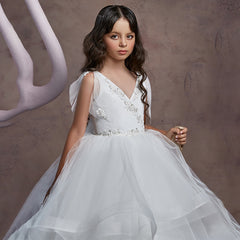 First Communion Dress Childrens Kids Girls Fancy Formal Elegant Ruffle Tulle Pageant Dress Ball Gown