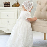New Arrival Noble Baby Girls Christening Dress White Baptism Gown Lace WITH BONNET Dress 0-24month