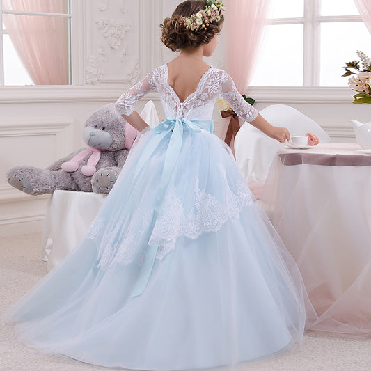 Girls Party Dress Lace Bow Prom Wedding Ball Gowns Half Sleeves Tulle Light Blue Romper