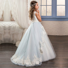 Light Blue 3 D Embroidery Sheer Dress Girls Fancy Princess Dress Ball Gown Floor Length