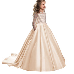 Long Sleeves Christmas Flower Girl Dress Floor Length Button Draped Tulle Ball Gowns for First Communion Pageant Birthday Party