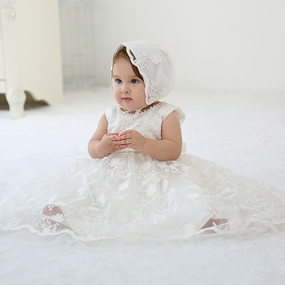 Baby Embroidered Christening Sleeveless Gown Newborn infant Gown with Bonnet Set