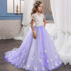 Communion Dress Butterfly Flower Girl Dress Fancy Tulle Lace Short Sleeved Pageant Dress Ball Gown Princess (4 colors)