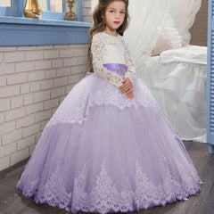 First Communion Ball Gowns Lace Appliques Ruffled Long Sleeves Girl Pageant Dresses Full Fancy Dresses