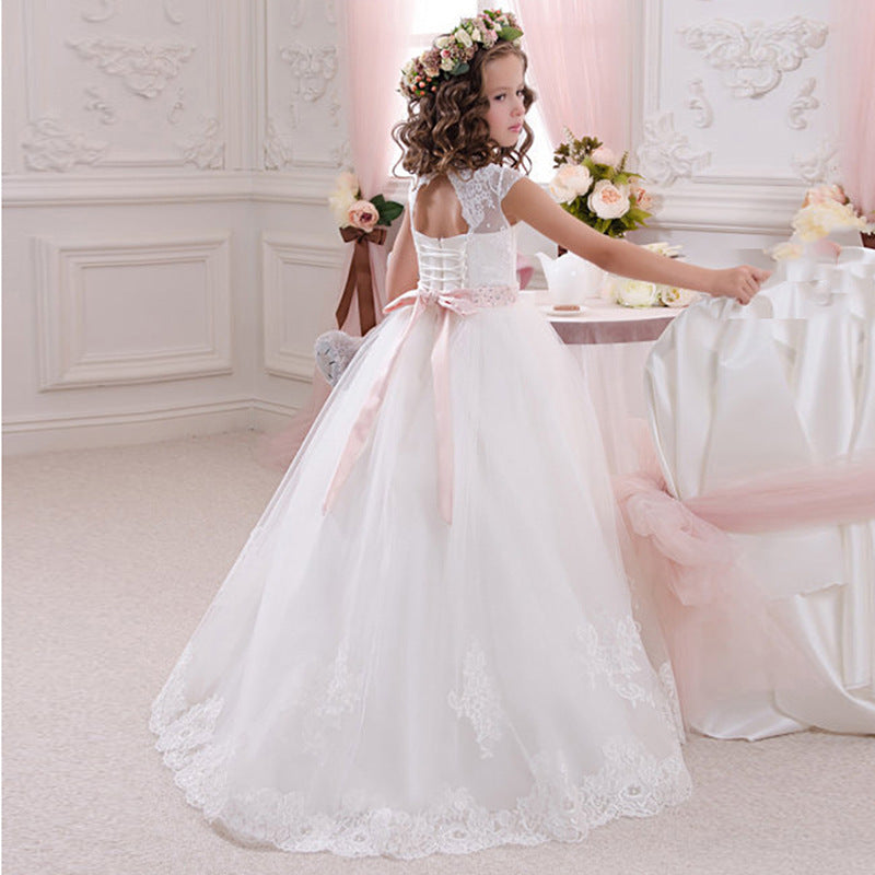 First Communion Princess Dress for Girls with Lace Round Neck Sleeveless Children Puffy Dress (pink sash detachable)