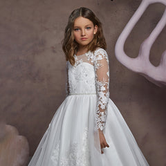 First Communion Dress Long Sleeves White Embroidery Sheer Princess Formal Dress