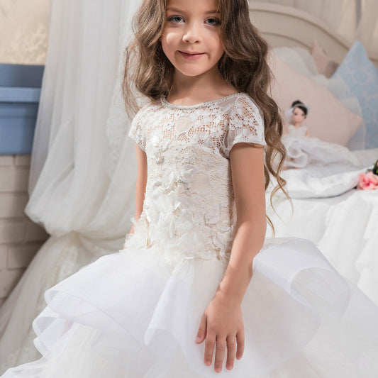 Elegant Appliques Tulle Flower Girl Dress Kids Pageant Evening Gown Party Beading Lace Princess Wedding Clothes