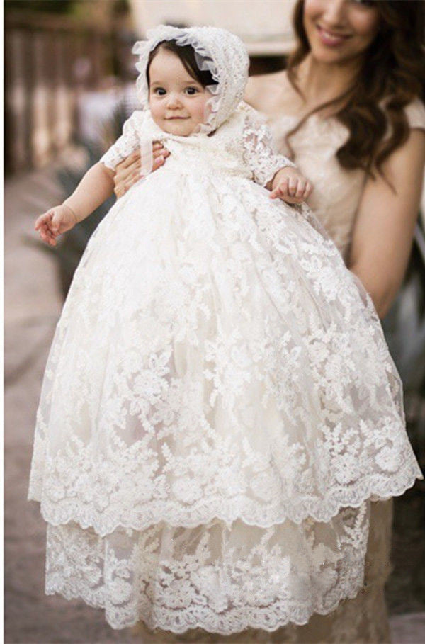 White Lace Embroidered Christening Dress Baptism Gown Baby-Girls Newborn infant Gown with Bonnet Set