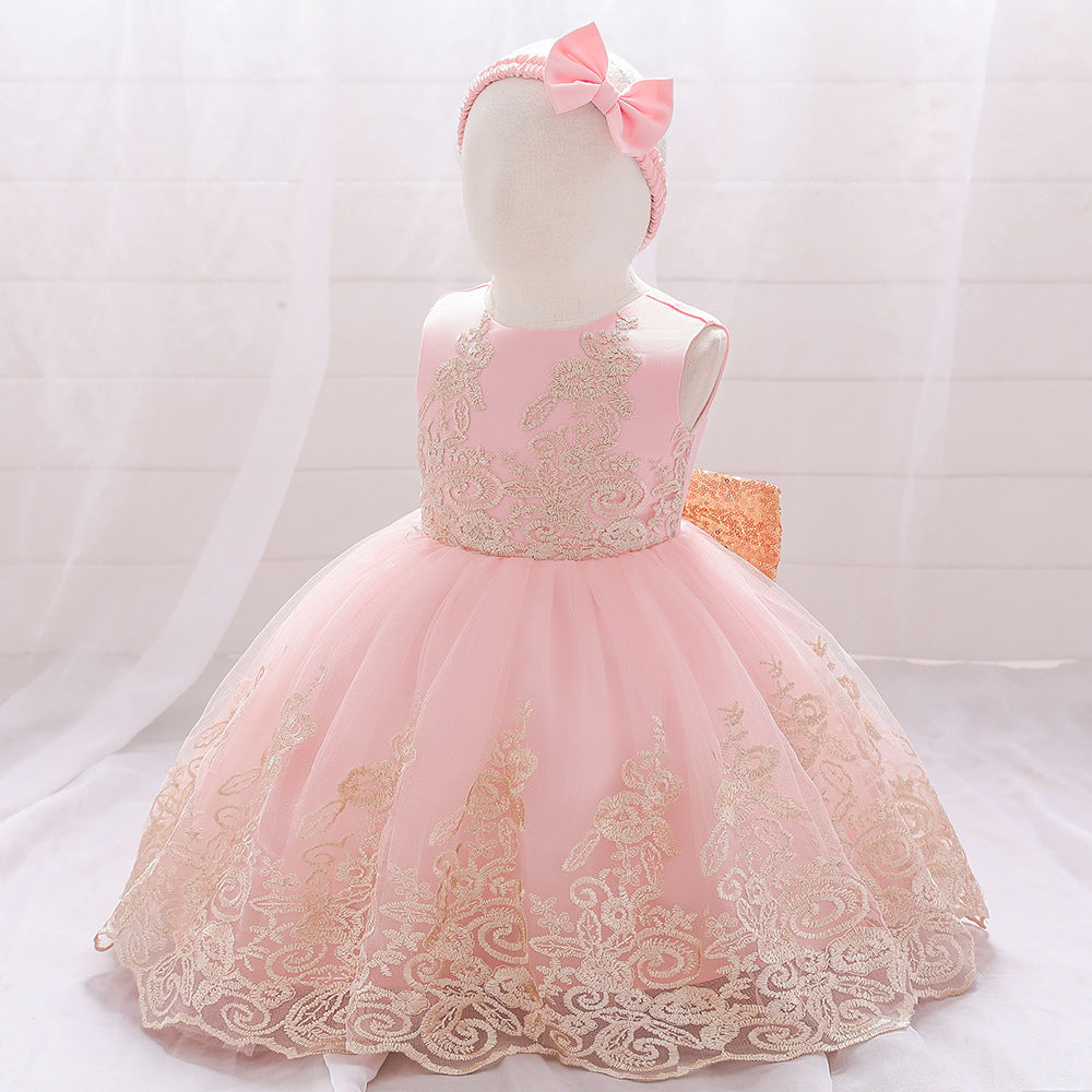 Cute Sleeveless Prince Dress with Bow Embroidery Girls' Birthday Party Gown