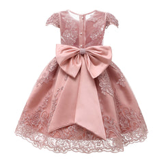 New Flower Girl Dress Pink Handmake Lace Beaded Gown for Kids Birthday Dresses with Bow Embroidery Sheer