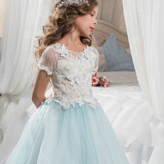 Communion Dress Butterfly Flower Girl Dress Fancy Tulle Lace Short Sleeved Pageant Dress Ball Gown Princess (4 colors)