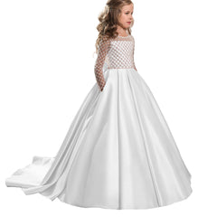 Long Sleeves Christmas Flower Girl Dress Floor Length Button Draped Tulle Ball Gowns for First Communion Pageant Birthday Party