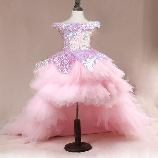 Off Shoulder Pink Pageant Gown Small Sequins Trailing Dress Girls' Birthday Party Dresses