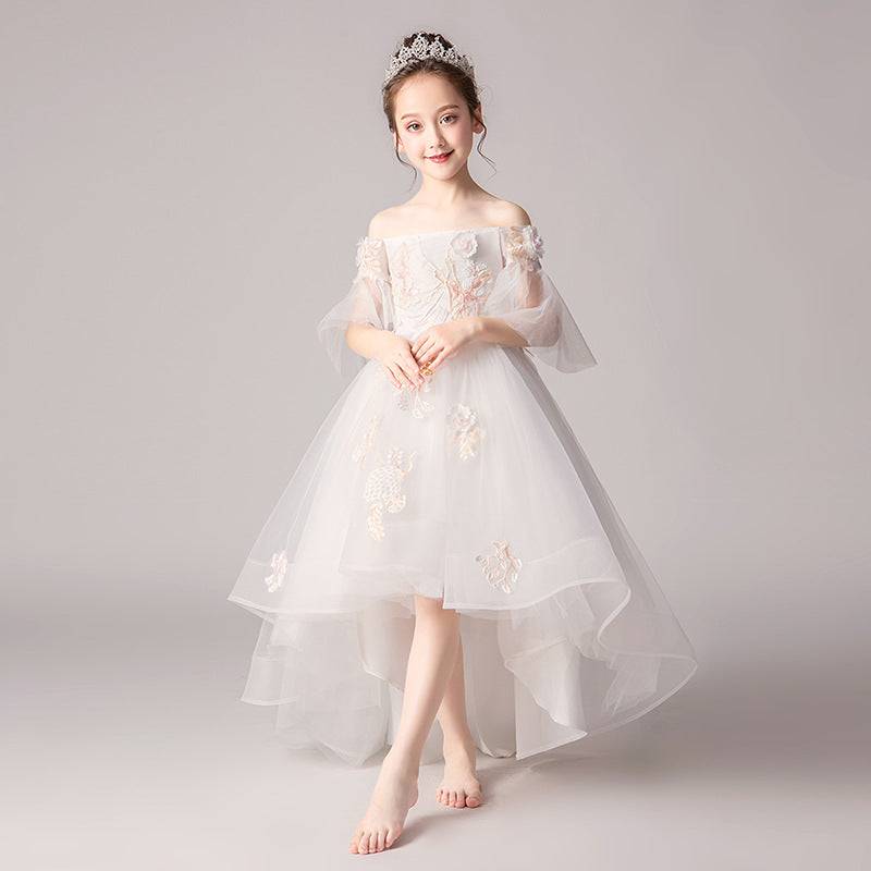 Flower Girl Dress Costumes for Children Piano Little Girl Ocean Pompon Yarn Skirt Girls' Summer White Birthday