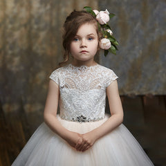 Luxury Flower Girl Dress with Embroidery Sheer Children's Pageant Tulle Gown Cutout Back