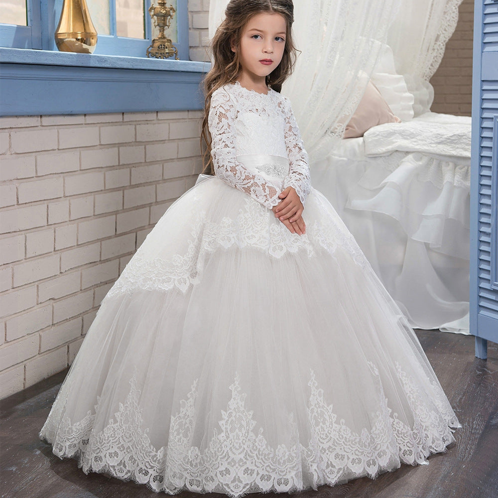 First Communion Ball Gowns Lace Appliques Ruffled Long Sleeves Girl Pageant Dresses Full Fancy Dresses White / 4