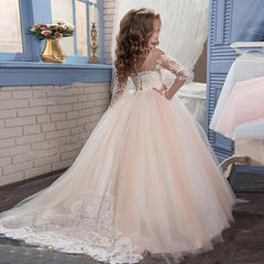 Flower Girl Dresses for Wedding Long Sleeves Lace Champagne Vintage Communion Ball Gowns Princess Dresses