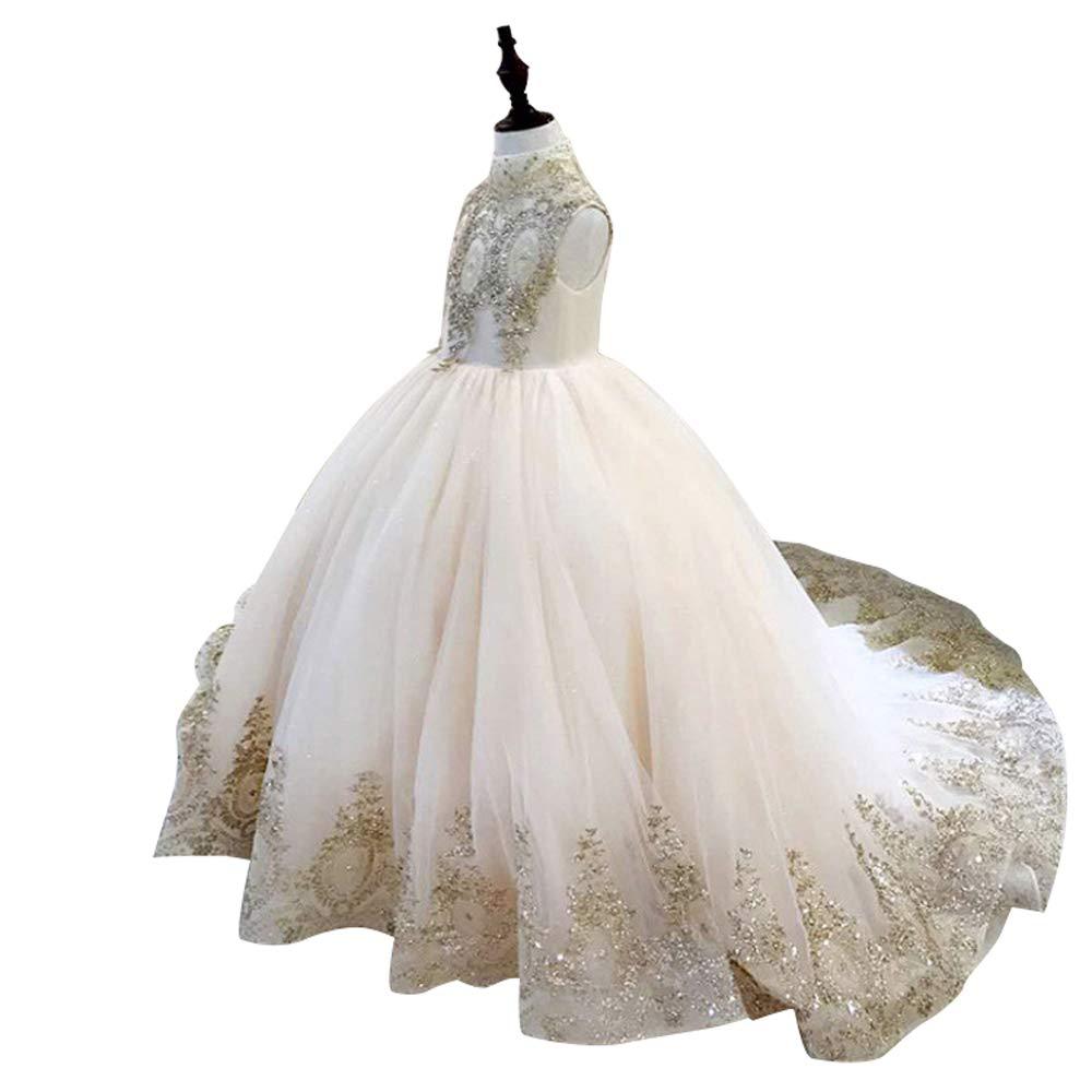 Gold Lace Flower Girls Pageant Dresses for Wedding Long Puffy Prom Tulle Pageant Ball Gown princess girls dress