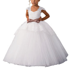 Communion Lace Appliques Cap Sleeves Tulle Flower Girl Dress Kids Cute Backless Dress Toddler Party Tulle Tutu Dresses