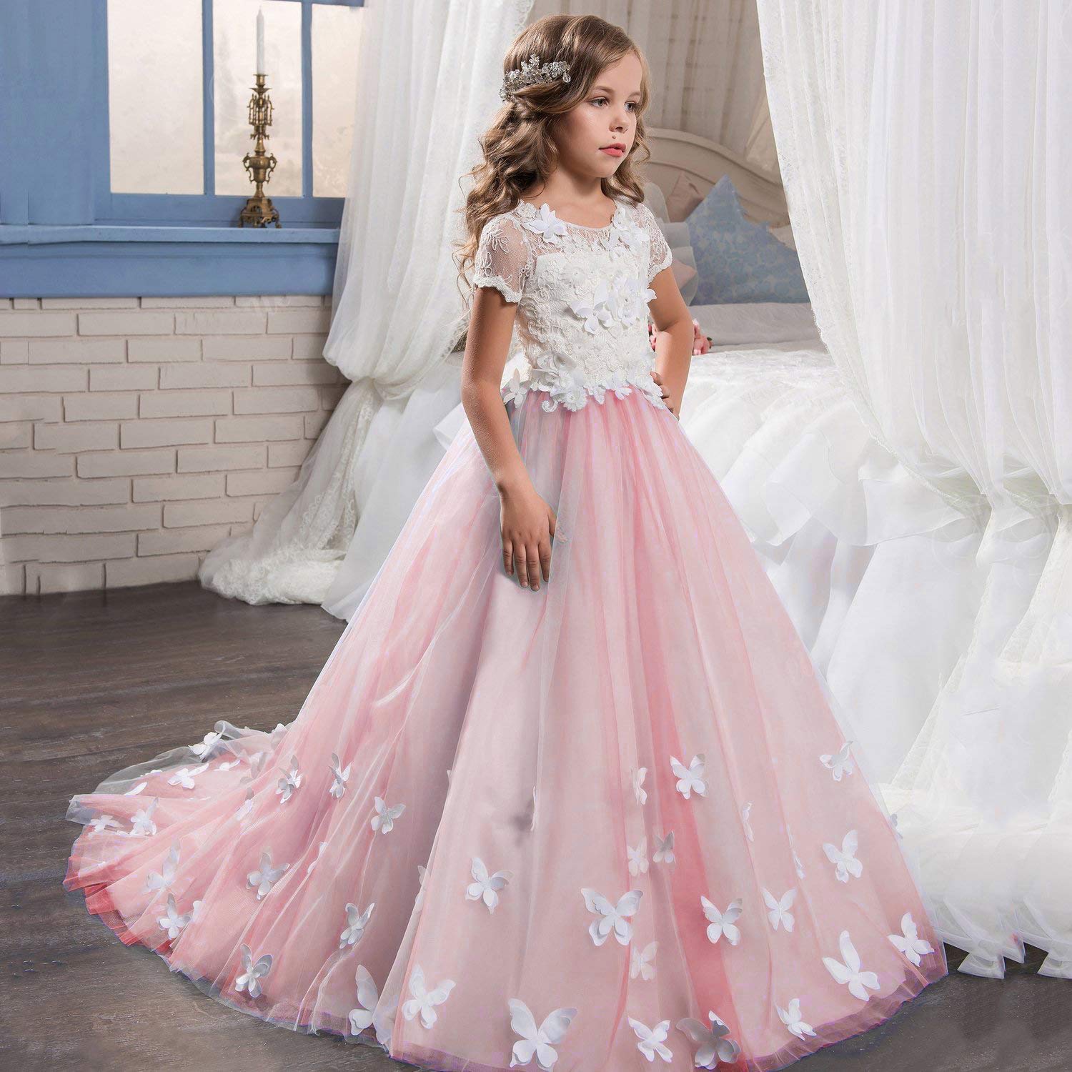 Butterfly  Flower Girl Dress Fancy Tulle Lace Short Sleeved Pageant Dress princess dress Ball Gown Princess Girl Birthday Dresses