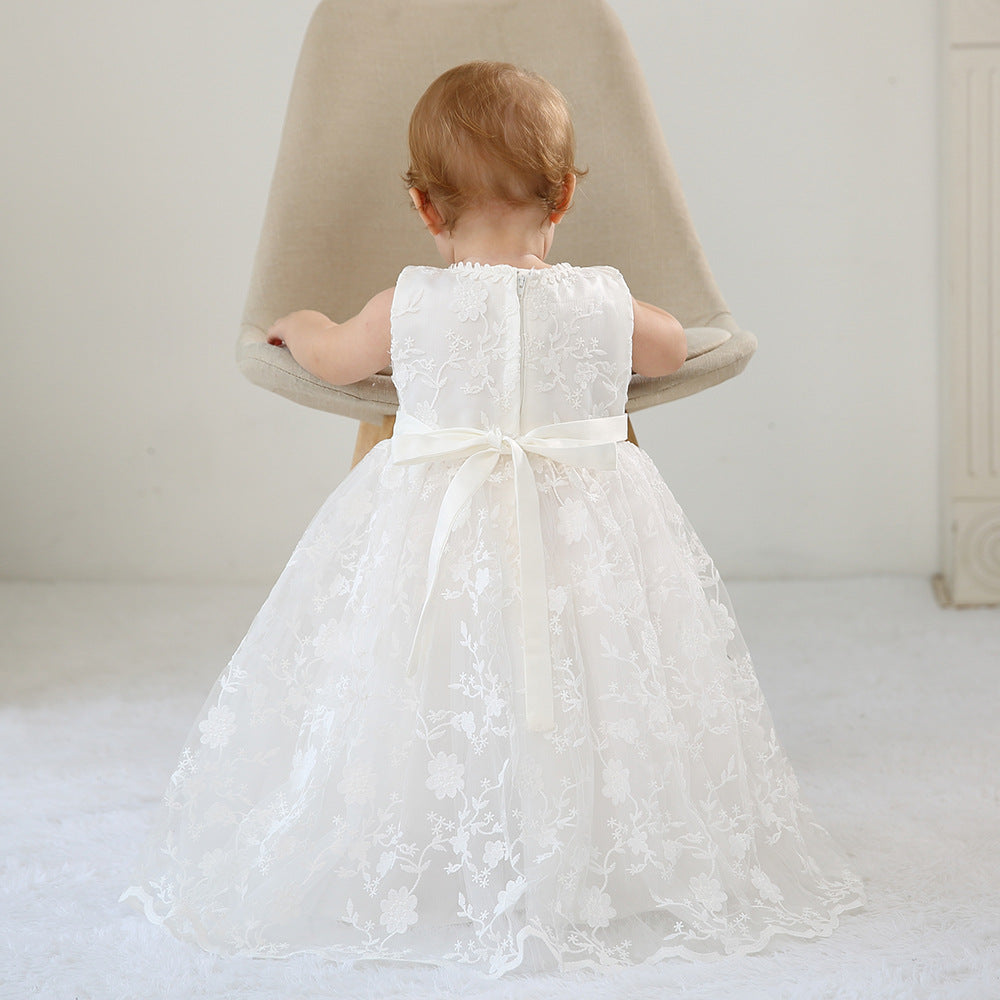 Baby Embroidered Christening Sleeveless Gown Newborn infant Gown with Bonnet Set