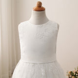 Communion Dress O-Neck Sleeveless A line Wedding Pageant Lace Flower Girl Dress with Belt for Kids 2-12 Year Old