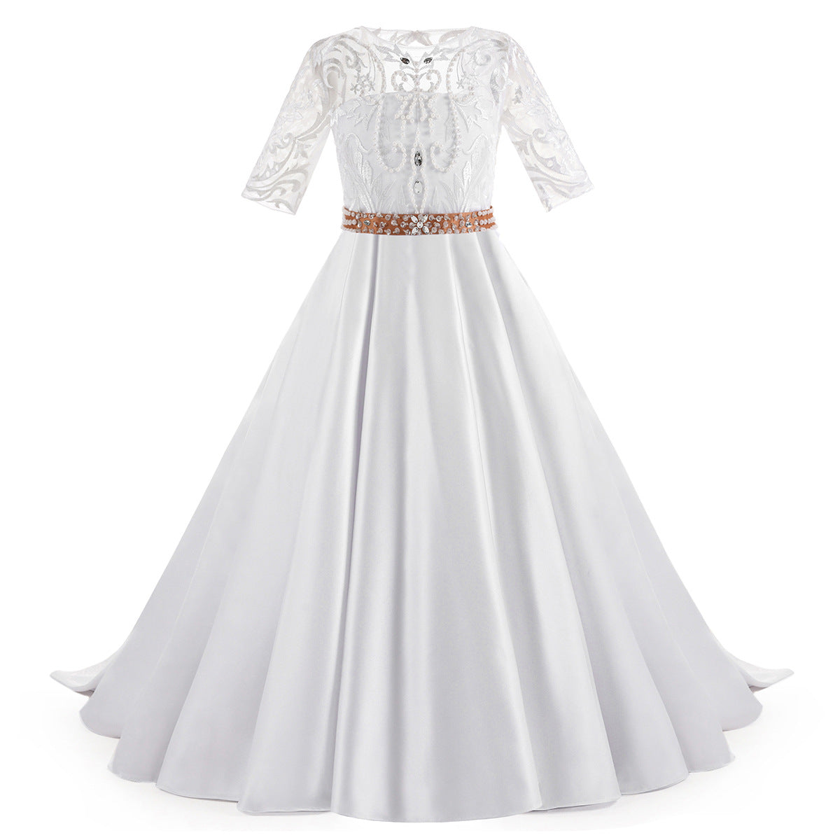 Beautiful First Communion Dress Half Sleeves Lace Satin Princess Ball Gown Hollow Back Flower Girl Dress
