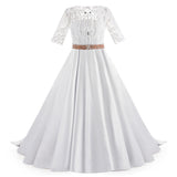 Beautiful First Communion Dress Half Sleeves Lace Satin Princess Ball Gown Hollow Back Flower Girl Dress