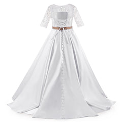 Beautiful First Communion Dress Half Sleeves Lace Satin Princess Ball Gown Hollow Back Flower Girl Dress