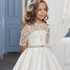 Beautiful First Communion Dress Half Sleeves Lace Satin Princess Ball Gown Hollow Back Flower Girl Dress