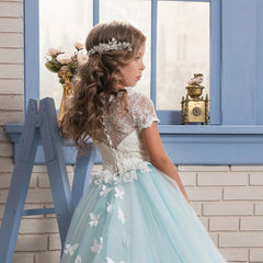 Communion Dress Butterfly Flower Girl Dress Fancy Tulle Lace Short Sleeved Pageant Dress Ball Gown Princess (4 colors)