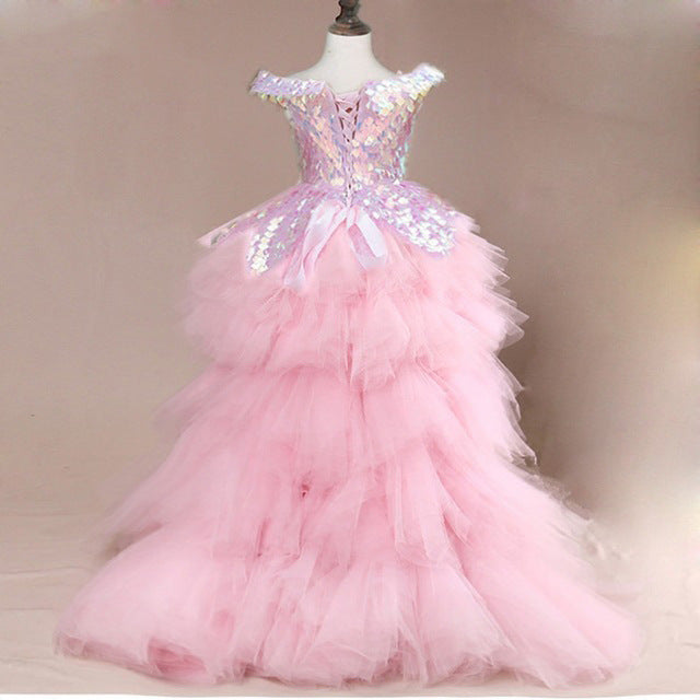 Off Shoulder Pink Pageant Gown Small Sequins Trailing Dress Girls' Birthday Party Dresses