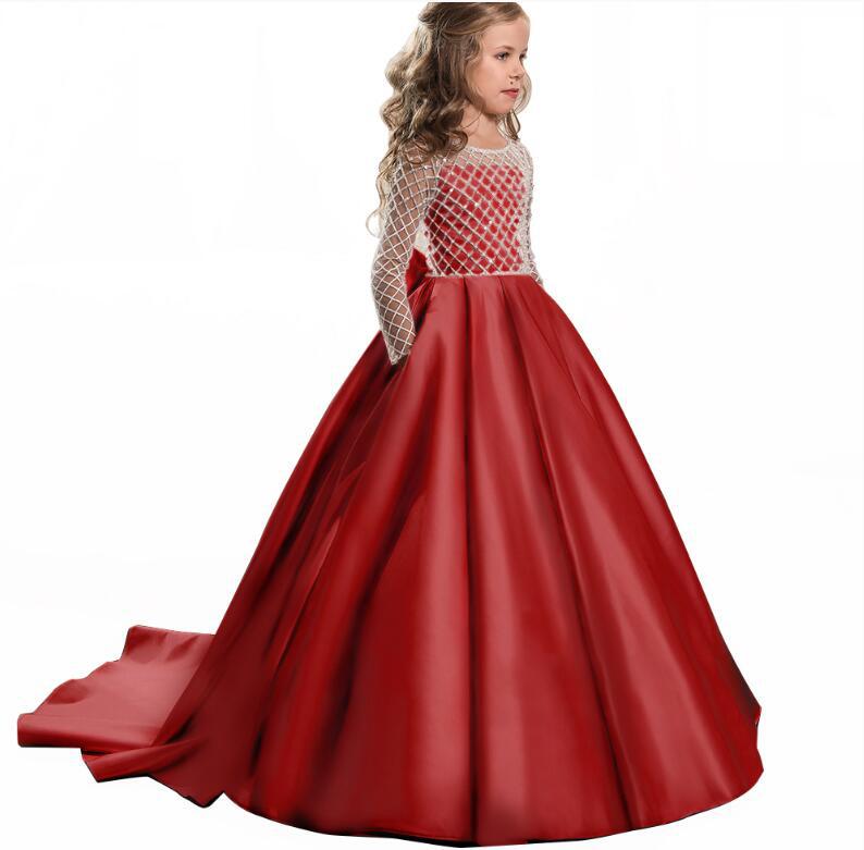 Long Sleeves Christmas Flower Girl Dress Floor Length Button Draped Tulle Ball Gowns for First Communion Pageant Birthday Party