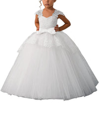 Communion Lace Appliques Cap Sleeves Tulle Flower Girl Dress Kids Cute Backless Dress Toddler Party Tulle Tutu Dresses